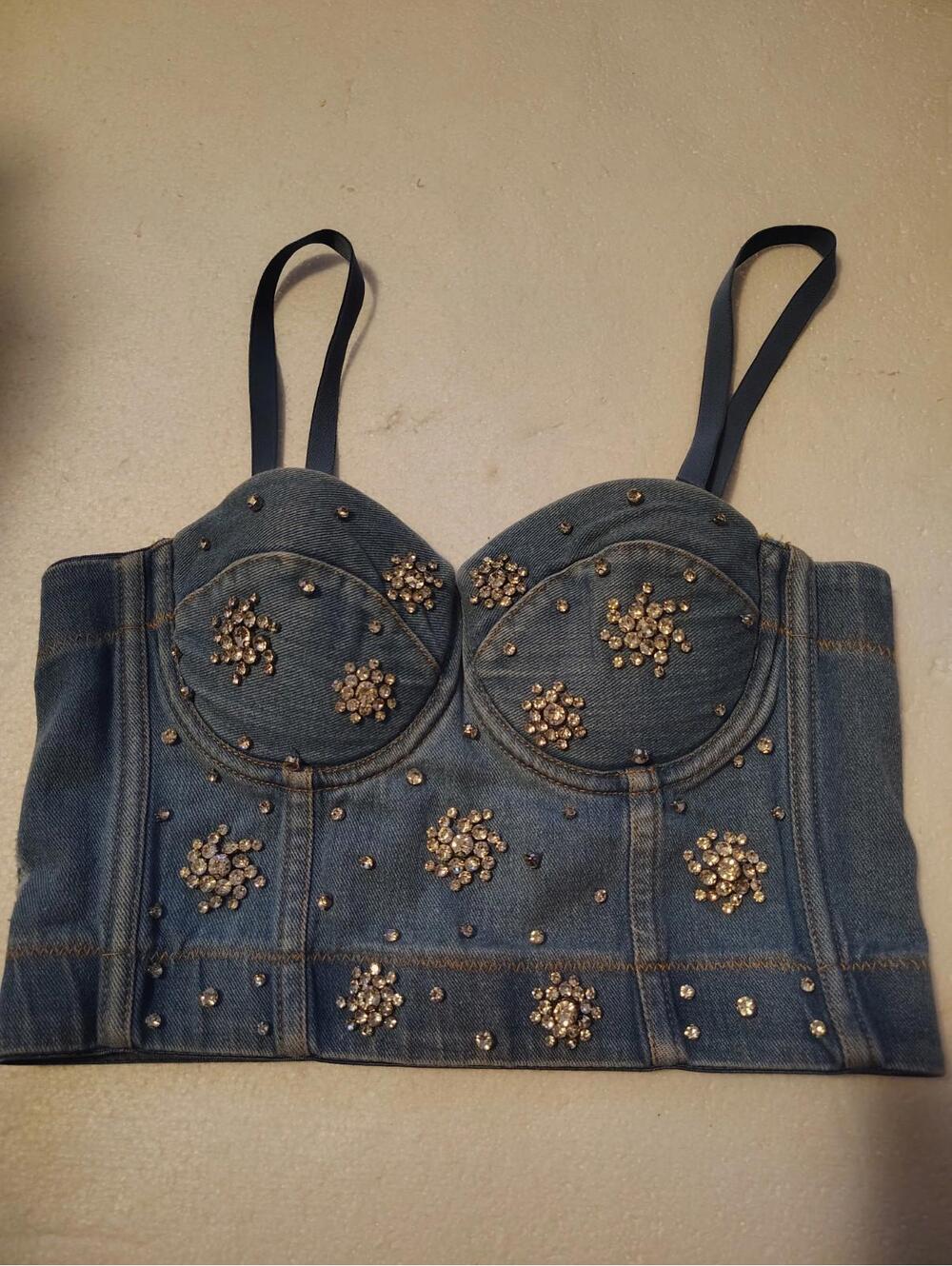 Blue Denim Corset Spaghetti Strap Top with Rhinestones Size XS